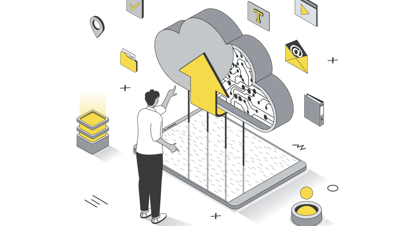 Ilustração de celular enviando arquivos para armazenamento em nuvem