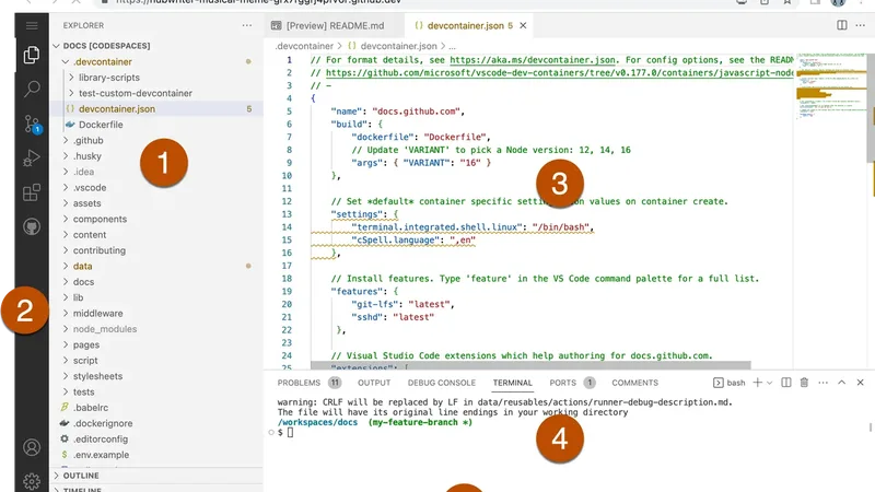Interface de um GitHub Codespace com editor, barra lateral e terminal