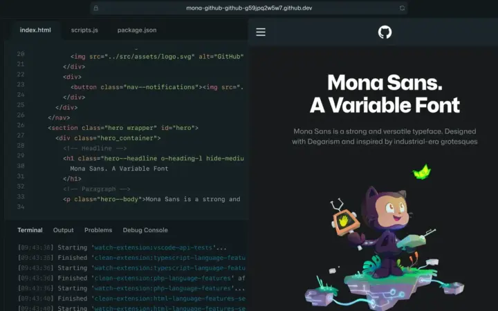Editor de código e prévia de página em um ambiente do GitHub Codespaces