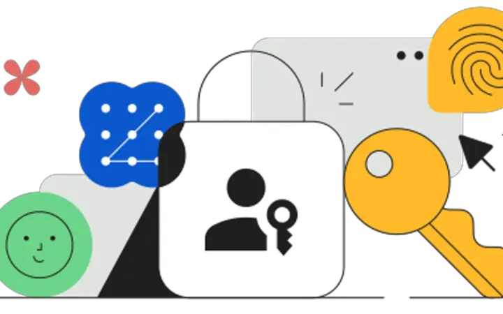 Ilustração do Google sobre passkeys, com um celular protegido por autenticação sem senha