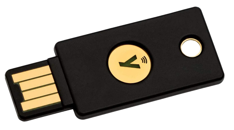 Chave de segurança USB compatível com FIDO2, usada como autenticador físico