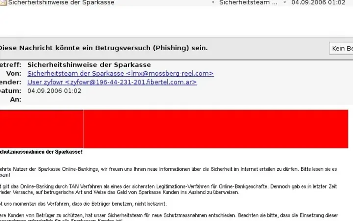 Aviso de phishing exibido pelo Thunderbird ao detectar uma mensagem suspeita