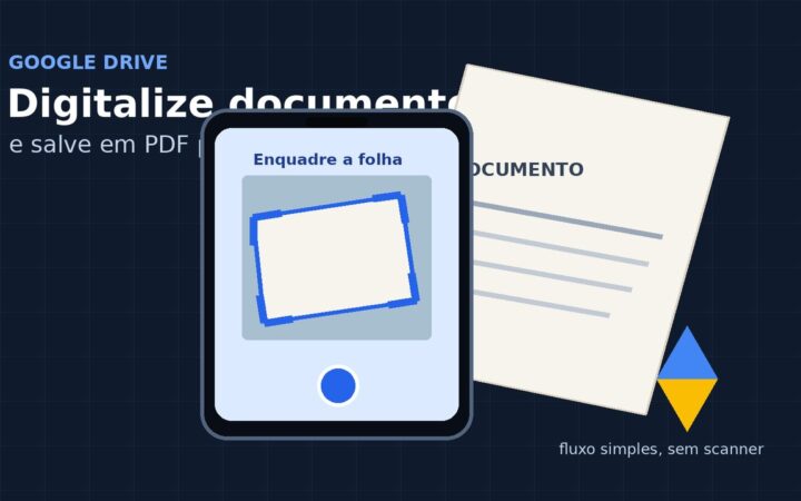 Capa: ilustração de um celular enquadrando um documento para digitalização no Google Drive