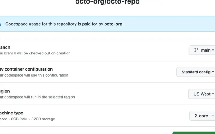 Tela de opções avançadas para criar um GitHub Codespace