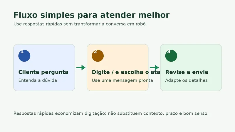 Fluxo de atendimento com cliente, atalho de resposta rápida e revisão antes do envio
