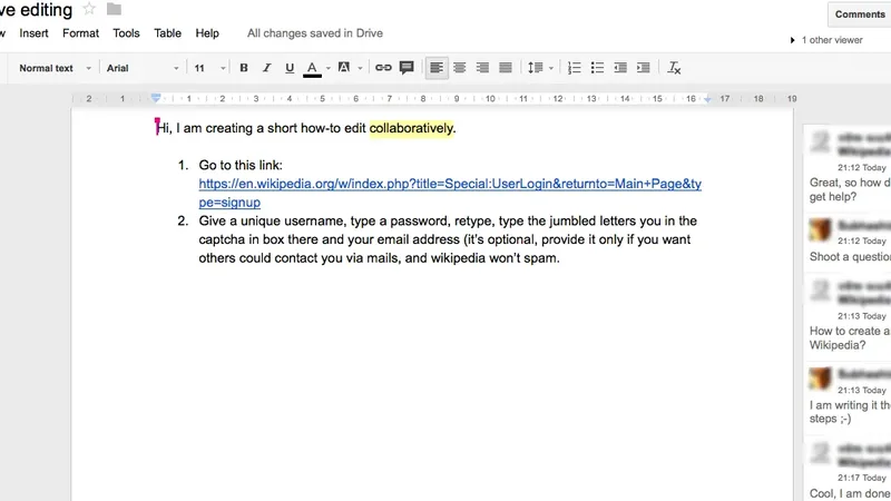 Documento do Google Docs com edição colaborativa entre usuários