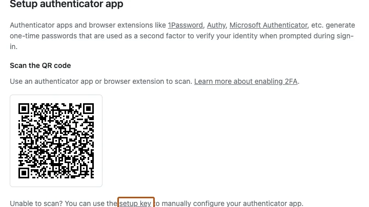 Tela do GitHub para configurar um aplicativo autenticador na autenticação de dois fatores