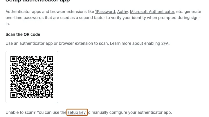 Tela das configurações do GitHub destacando a opção de configurar um aplicativo autenticador para 2FA