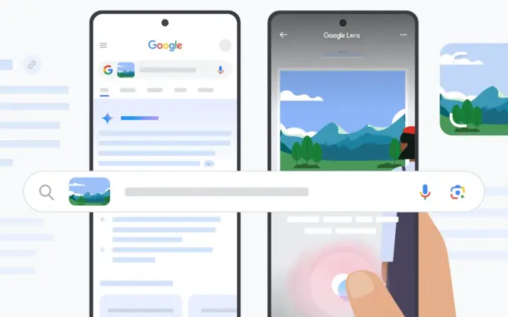 Ilustração do Google Lens mostrando como pesquisar o que aparece na câmera do celular