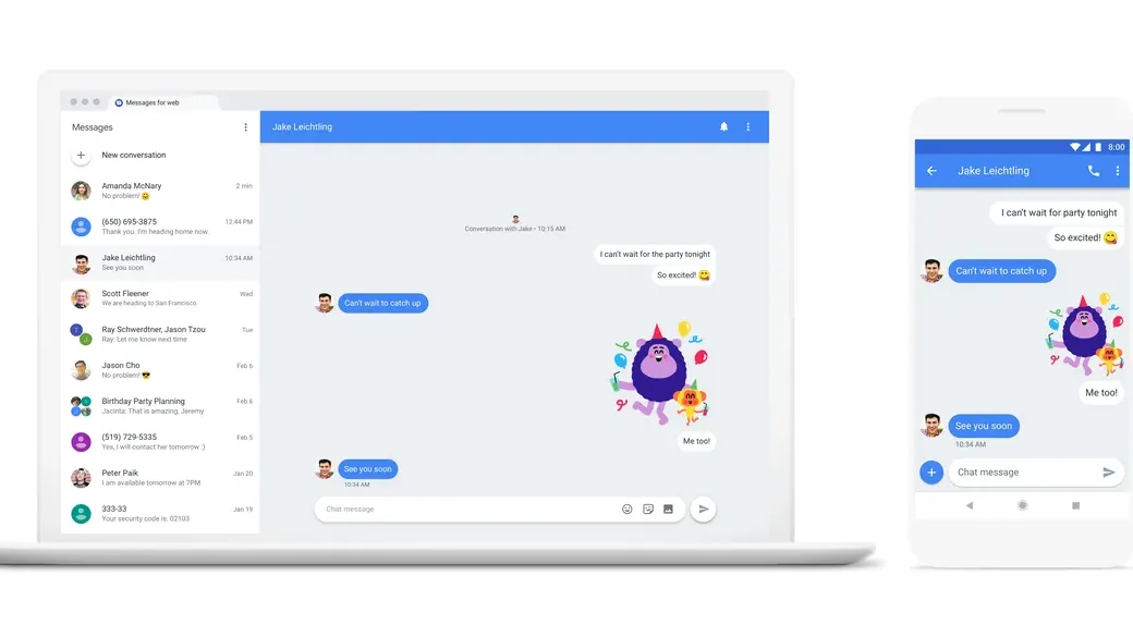Tela do Google Mensagens na Web aberta no computador para enviar e receber SMS, MMS e RCS
