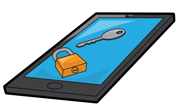 Ilustração de um celular protegido por cadeado e chave, representando uma chave de acesso