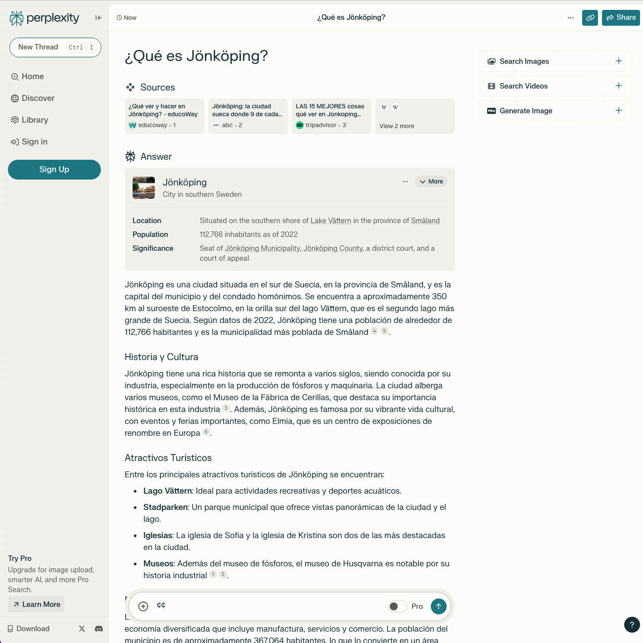 Interface do Perplexity exibindo uma resposta de busca com fontes citadas