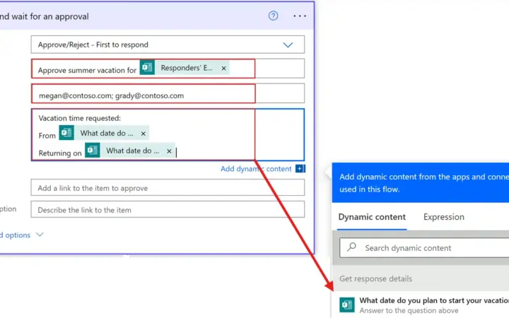 Tela do Power Automate mostrando a etapa de envio de respostas do Microsoft Forms para aprovação