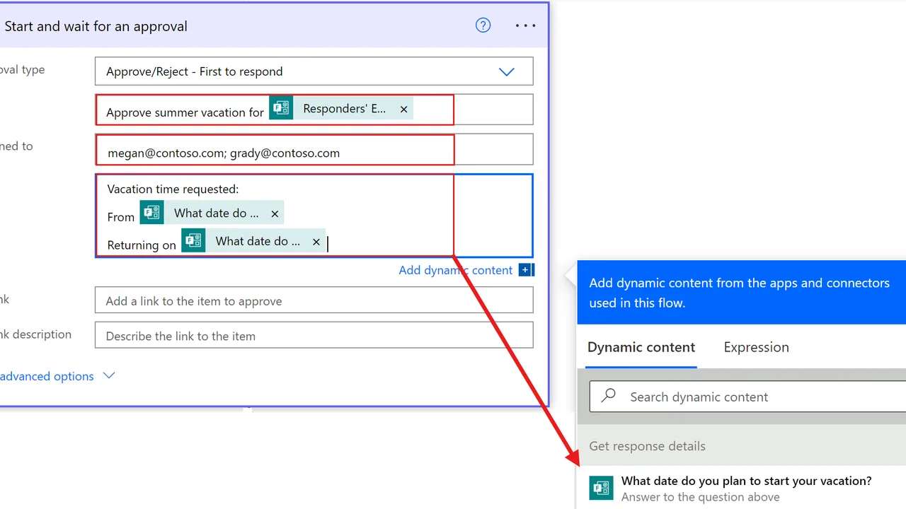 Tela do Power Automate mostrando a etapa de envio de respostas do Microsoft Forms para aprovação