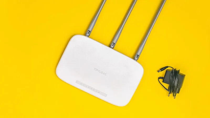 Roteador Wi-Fi branco com antenas sobre fundo amarelo