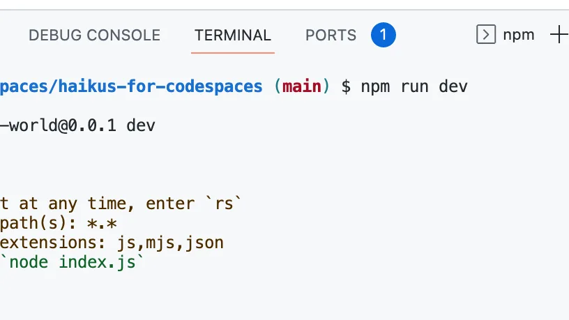 Terminal do VS Code executando npm run dev dentro de um GitHub Codespace