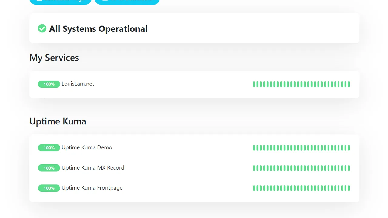 Página pública de status do Uptime Kuma exibindo o estado dos serviços monitorados