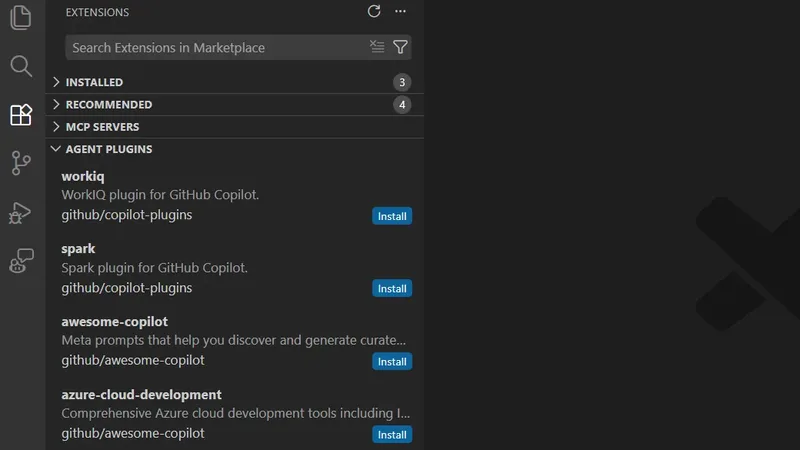 Tela de extensões do VS Code exibindo a área de plugins de agentes