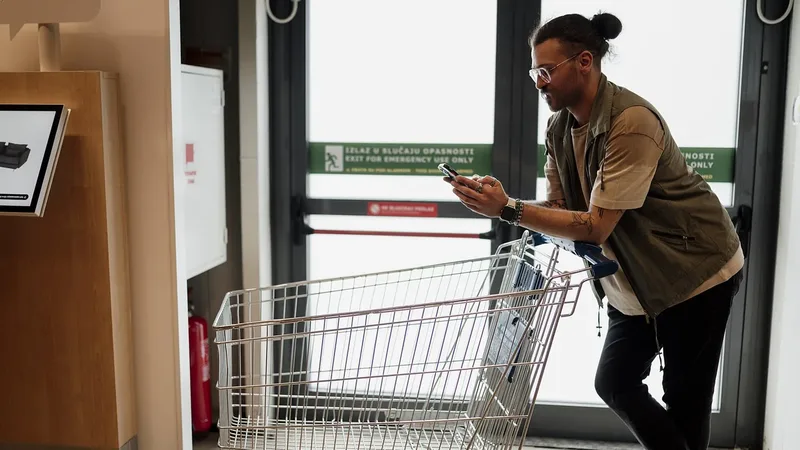 Pessoa consultando produtos no celular durante uma compra