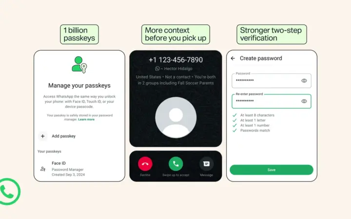 Interface ilustrada com recursos de segurança do WhatsApp, incluindo verificação em duas etapas e passkeys