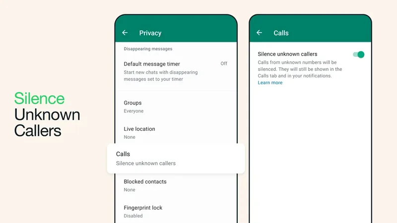 Tela do WhatsApp explicando o recurso de silenciar chamadas desconhecidas
