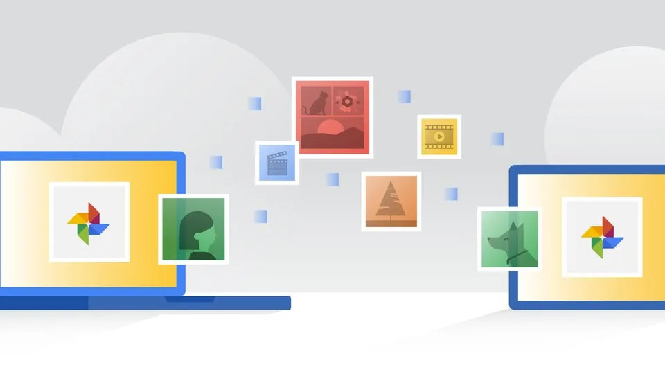 Ilustração oficial do Google Fotos mostrando fotos compartilhadas entre dispositivos.