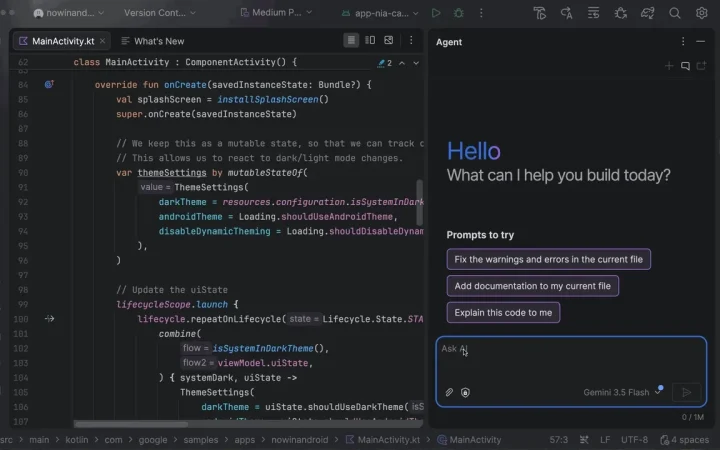 Android Studio com o painel Agent Mode ao lado do código Kotlin