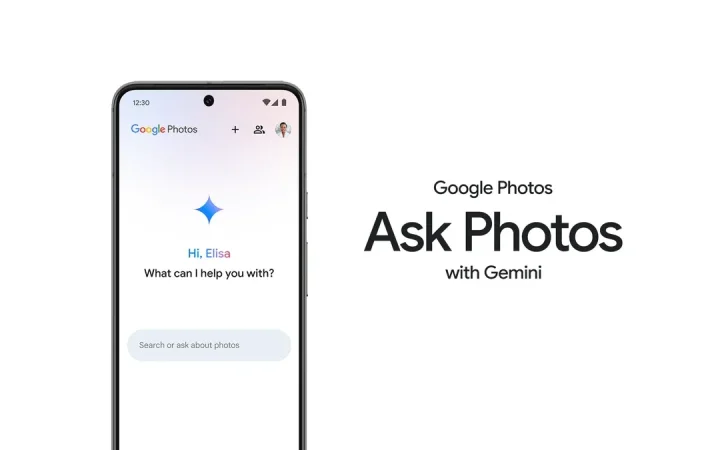 Imagem oficial do Ask Photos no Google Fotos, com um celular exibindo a interface do recurso.