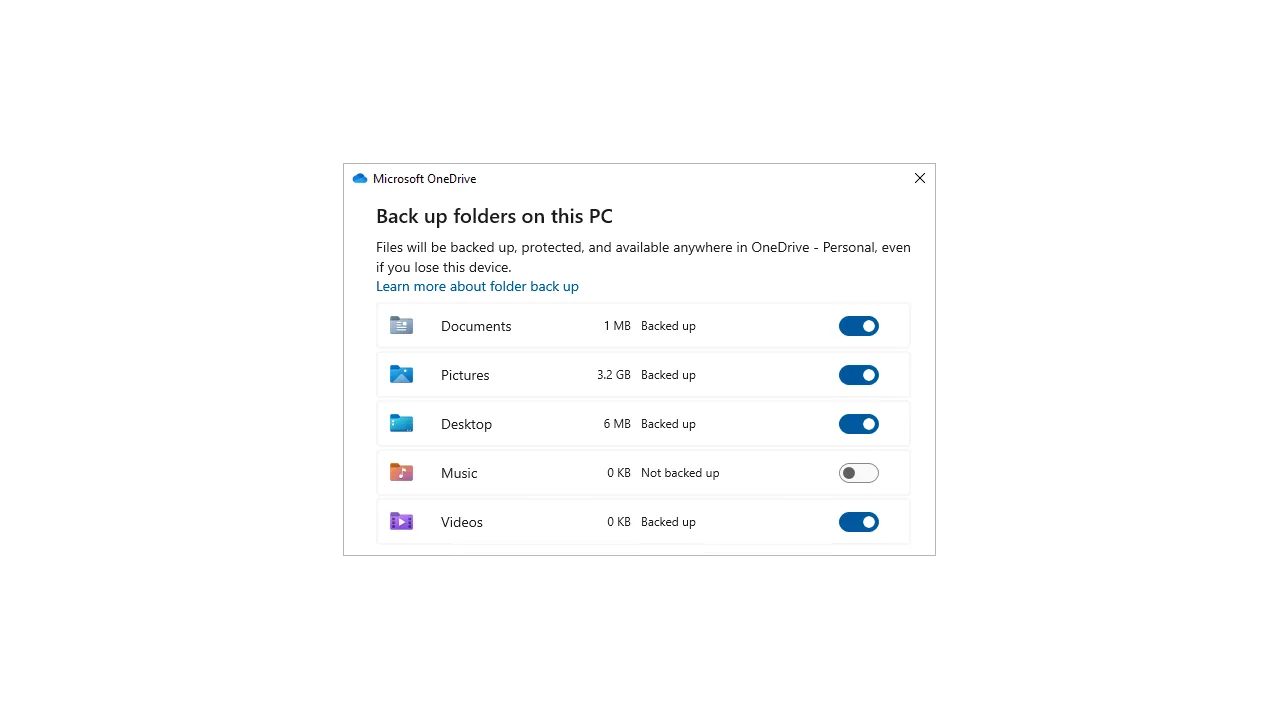 Tela do OneDrive para escolher as pastas do PC que serão protegidas