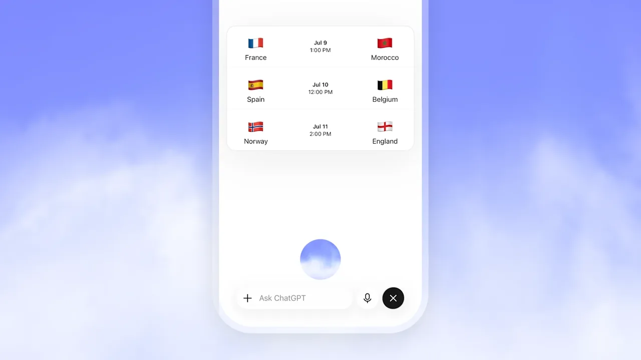 Interface do ChatGPT Voice exibindo uma lista de partidas esportivas