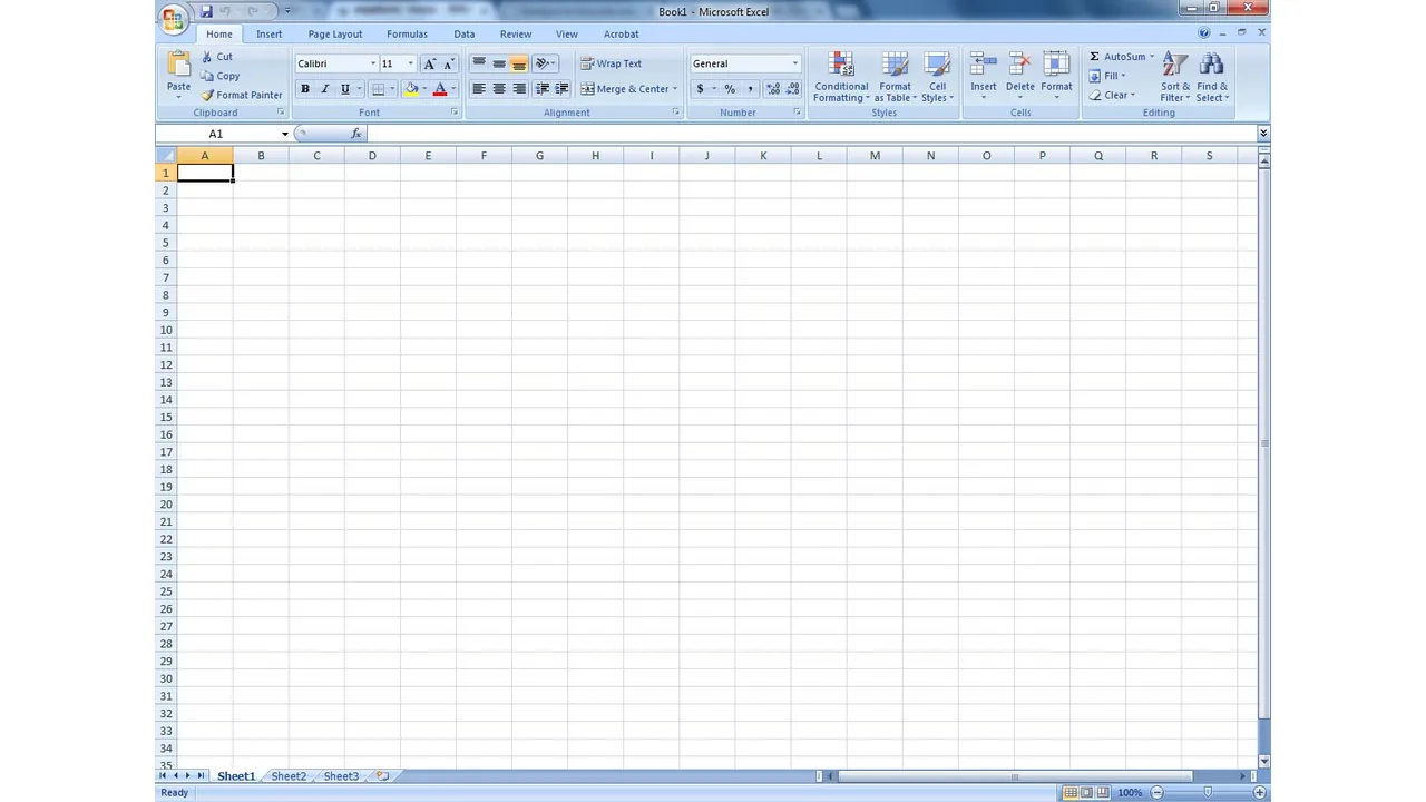 Janela do Microsoft Excel mostrando uma planilha em branco e a faixa de opções