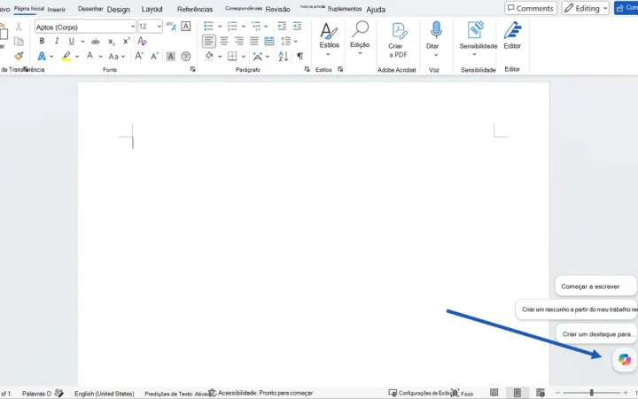 Tela do Microsoft Word com o botão do Copilot para começar um rascunho