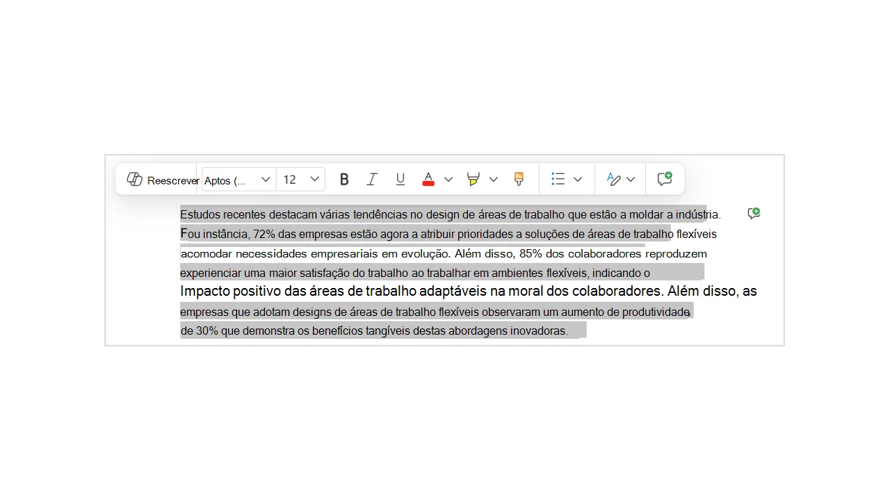 Recurso Reescrever do Copilot no Word com um trecho selecionado