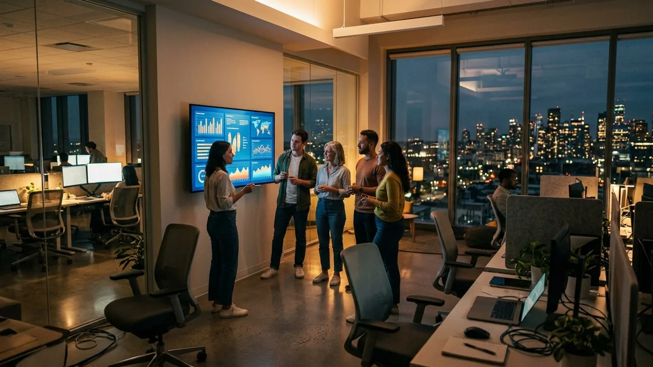 Equipe analisando um painel de indicadores em um ambiente de trabalho. Imagem contextual sobre o Data agent.