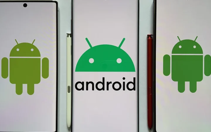 Celulares Android exibindo diferentes telas e elementos visuais do sistema