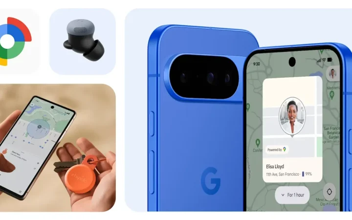 Ilustração do Localizador do Google mostrando um celular Android e um item rastreável no mapa