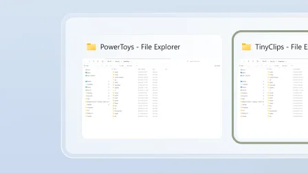 Imagem de destaque: interface visual do Microsoft PowerToys com várias janelas do Explorador de Arquivos.
