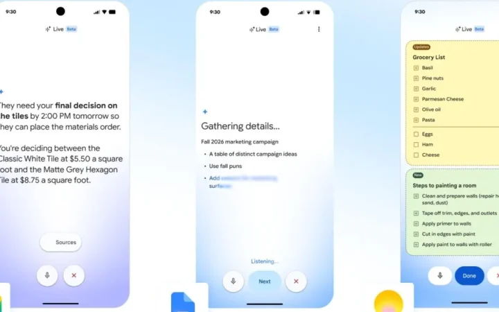 Gmail Live, Docs Live e Keep Live em telas de celular