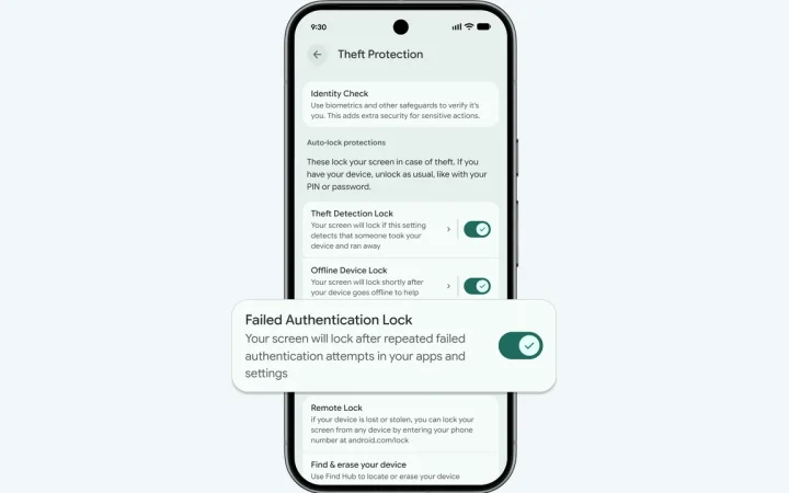 Tela de proteção contra roubo do Android com bloqueio por detecção de roubo, modo offline e falhas de autenticação