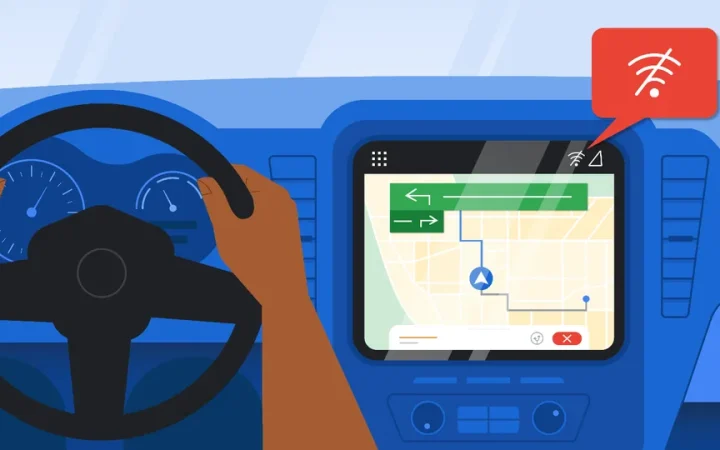 Ilustração de navegação no carro com o celular exibindo um mapa mesmo sem conexão