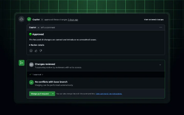 GitHub Copilot aparece aprovando mudanças em um pull request