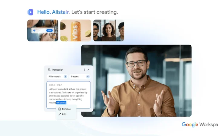 Tela promocional do Google Vids com um apresentador e o painel de transcrição