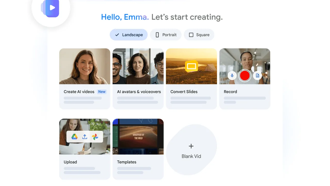 Tela inicial do Google Vids com opções para criar vídeo com IA, avatar, Slides, gravação e modelos