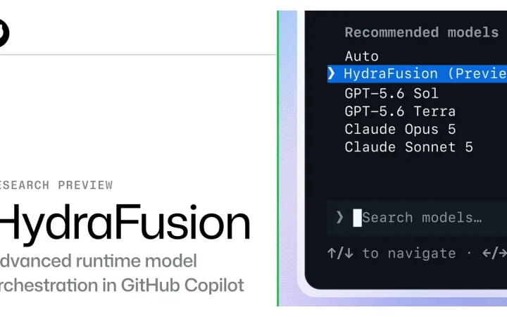 Tela oficial do GitHub Copilot mostrando o HydraFusion em prévia de pesquisa entre os modelos recomendados.