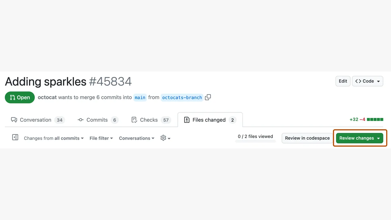 Tela do GitHub com o botão Review changes em um pull request