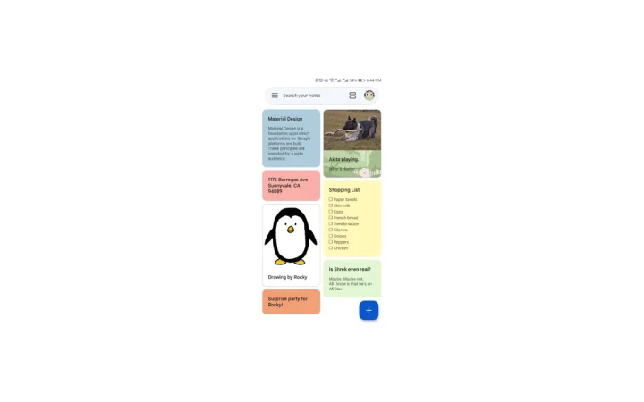 Tela do Google Keep no Android com notas coloridas e lista de compras