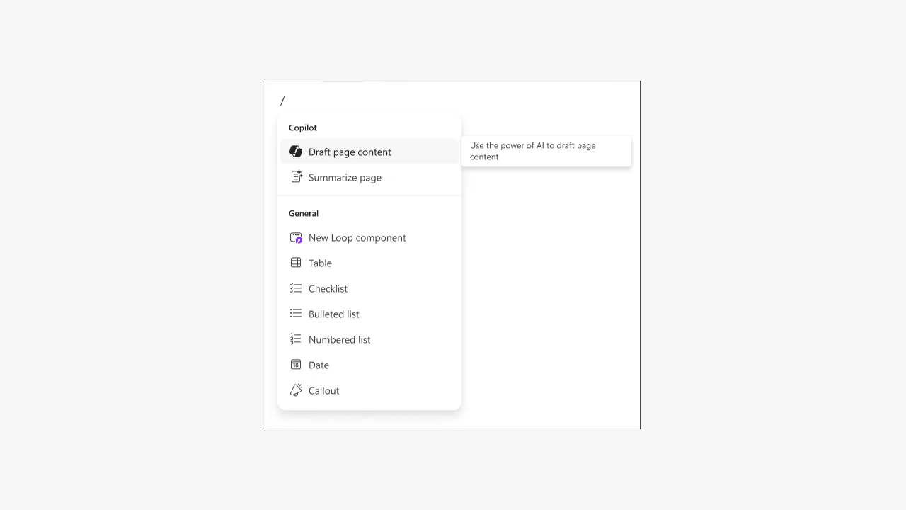 Menu do Copilot e componentes no Microsoft Loop