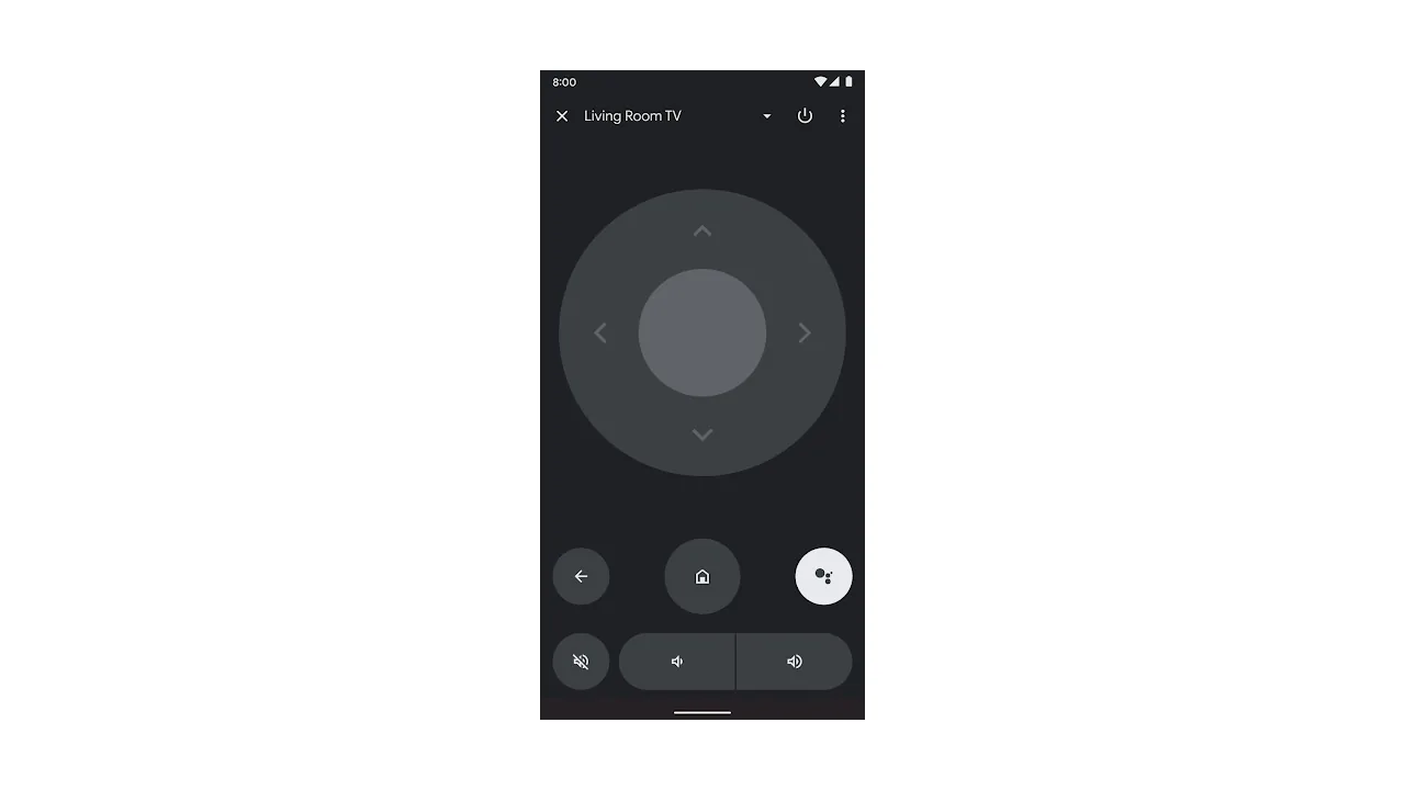 Interface do controle remoto virtual do Google TV no smartphone, com direcional e controles de volume.