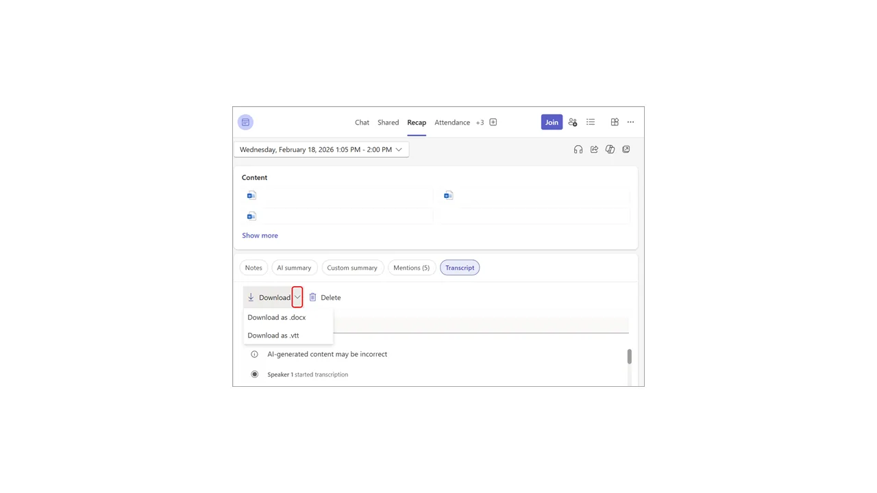 Menu de download da transcrição de uma reunião no Microsoft Teams