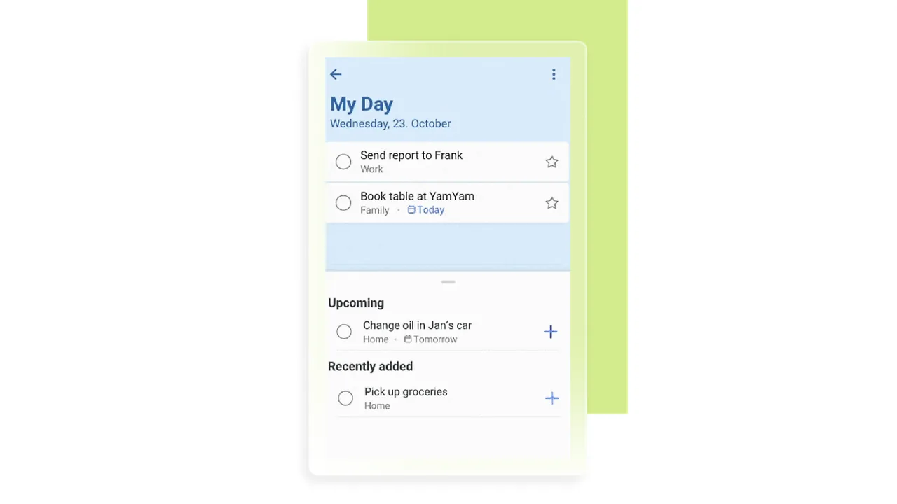 Tela do Microsoft To Do mostrando a lista My Day com tarefas e prazos.